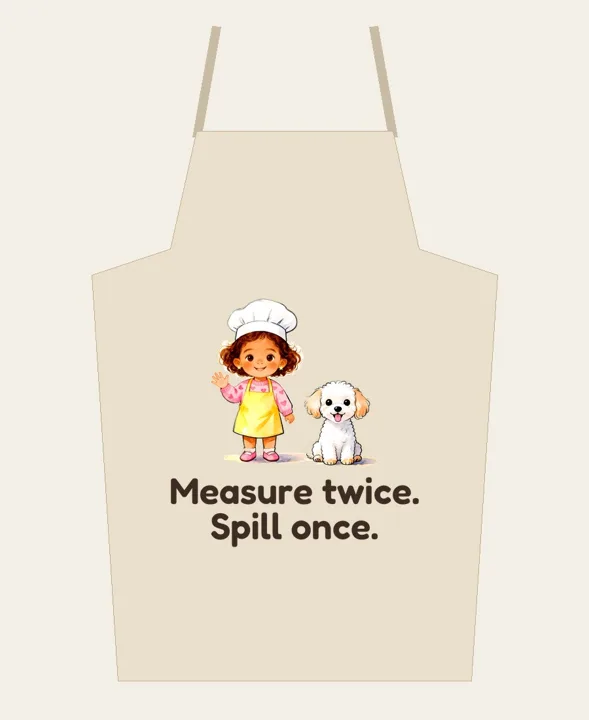 Apron that says "Measure twice. Spill once." with Chef May and Coco