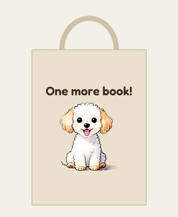 Tote bag that says "One more book!" with Chef May and Coco